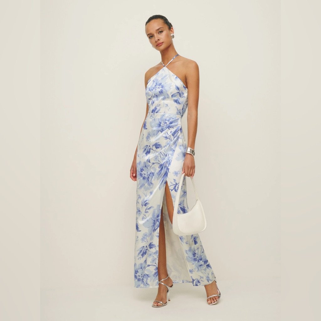 Reformation Myla Silk Blue And White Floral Maxi Dress